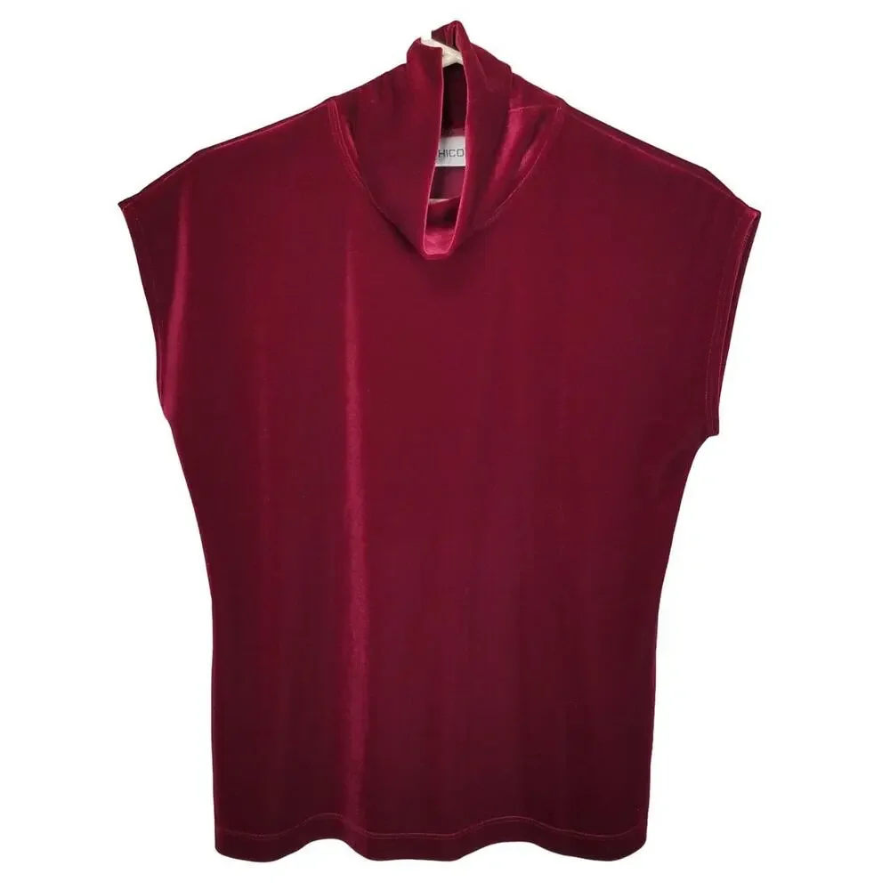 Chicos Aspen Red Velvet Mock Neck Top Sz M Classic Stretch Holiday Wedding Guest